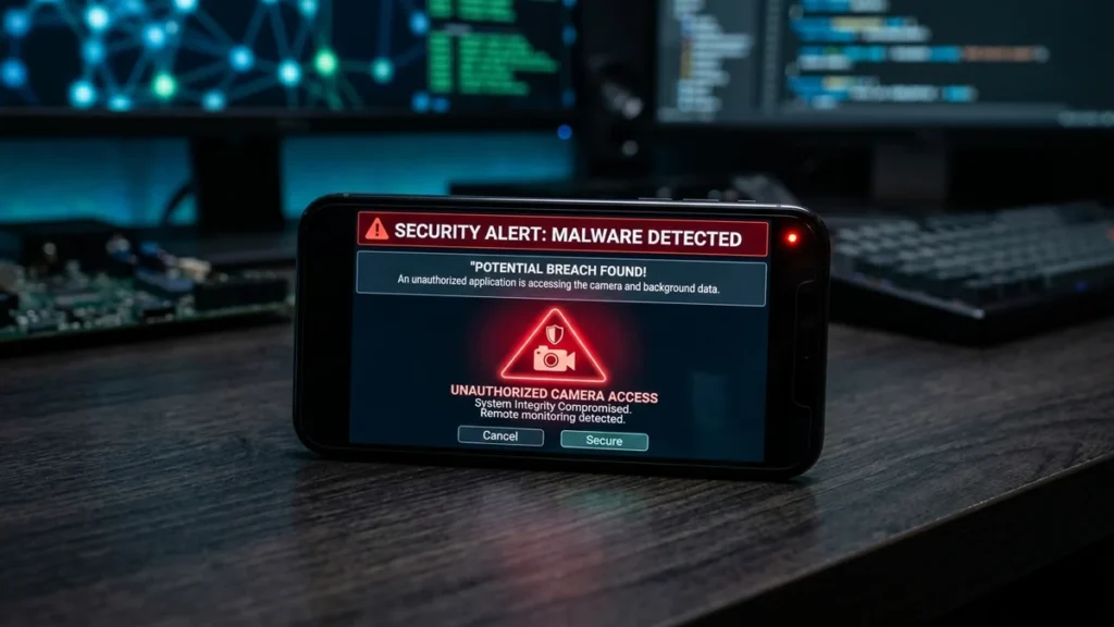 Teléfono inteligente con alertas rojas de seguridad por malware y acceso no autorizado a la cámara