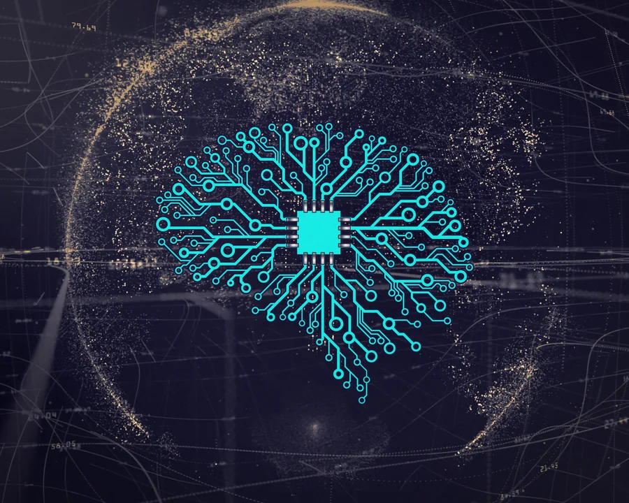 Ilustración de una red neuronal artificial junto a un chip de procesamiento