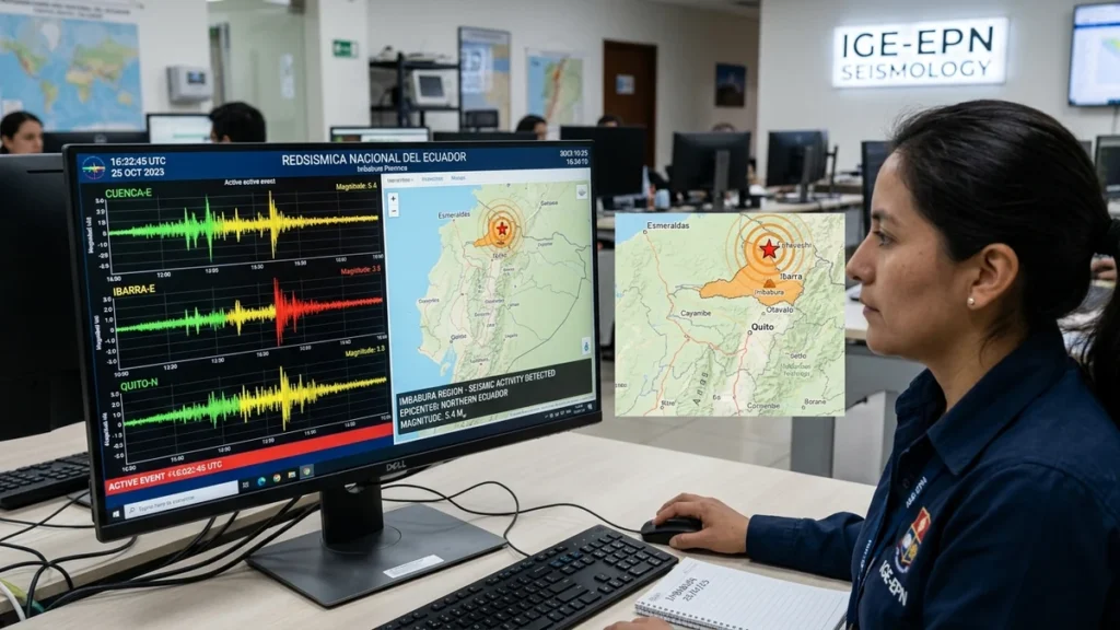 Monitor del Instituto Geofísico de la Escuela Politécnica Nacional registrando ondas sísmicas en Ecuador