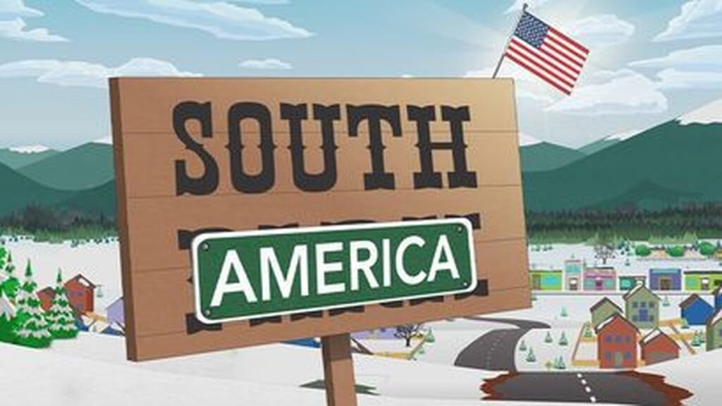 Logotipo y personajes de la serie animada South Park convertida en South América