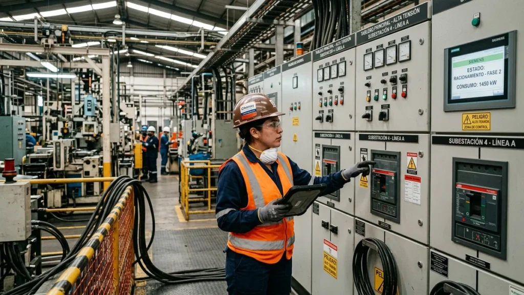 Técnica industrial supervisando tableros de control eléctrico de mediano voltaje