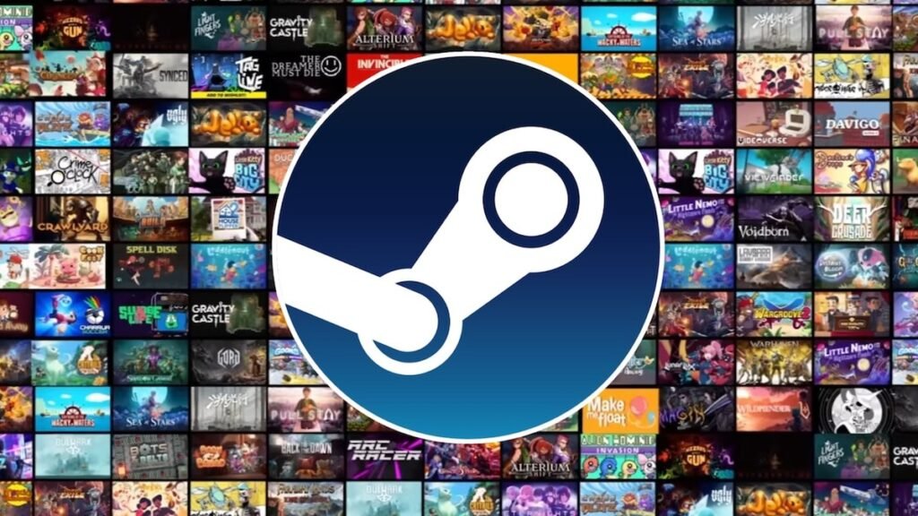 Logotipo de la plataforma Steam de Valve sobre pantallas de códigos y videojuegos