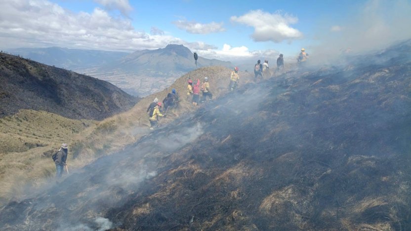 Bomberos combatiendo incendio forestal en cerro Cotacachi