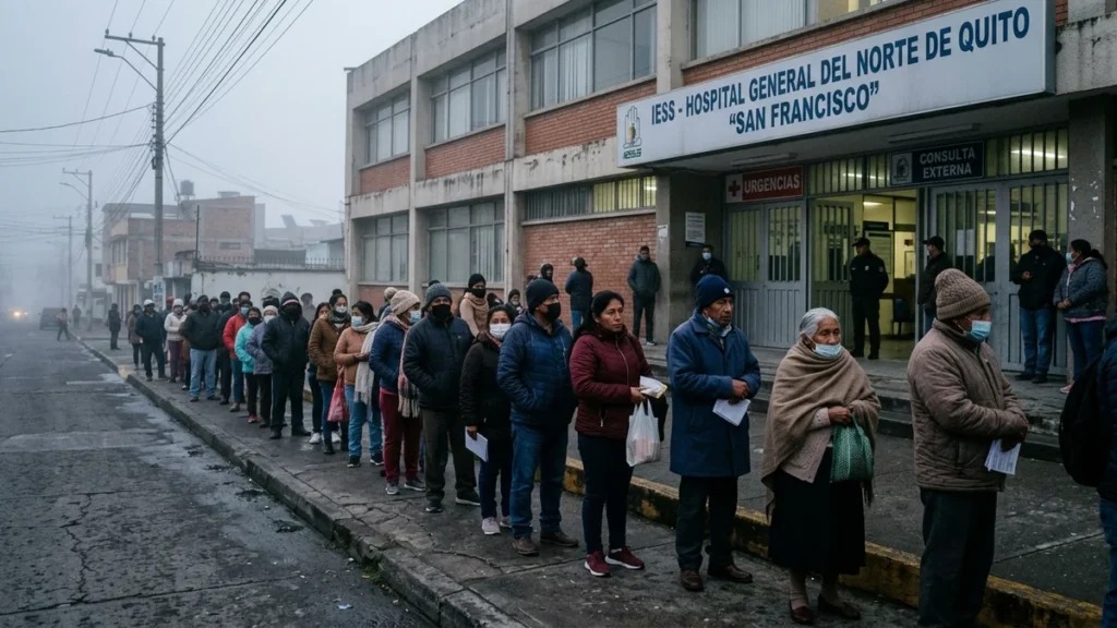Afiliados al IESS esperando en fila desde la madrugada en los exteriores de un hospital público en Quito