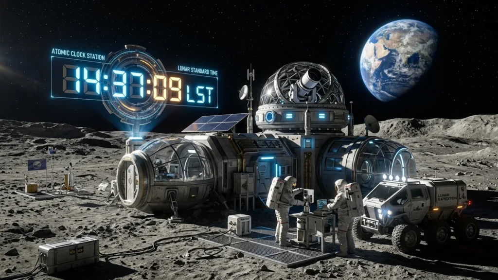 Base lunar con reloj atómico holográfico y la Tierra al fondo