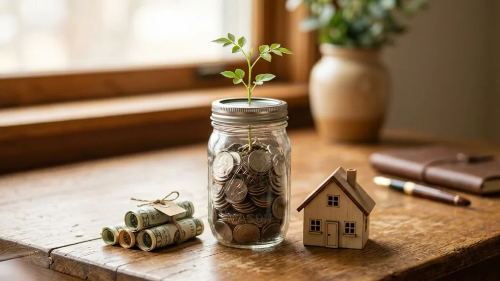 Concepto de ahorro y crecimiento financiero con monedas y planta