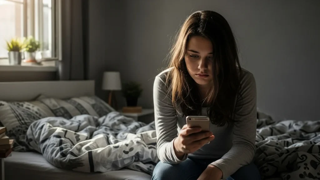 Adolescente frente a un teléfono celular preocupado por contenidos digitales en redes