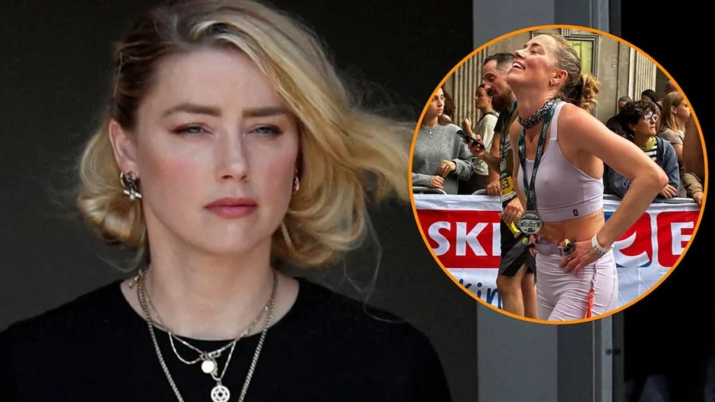 Amber Heard cruzando la meta de la media maratón en Donostia San Sebastián