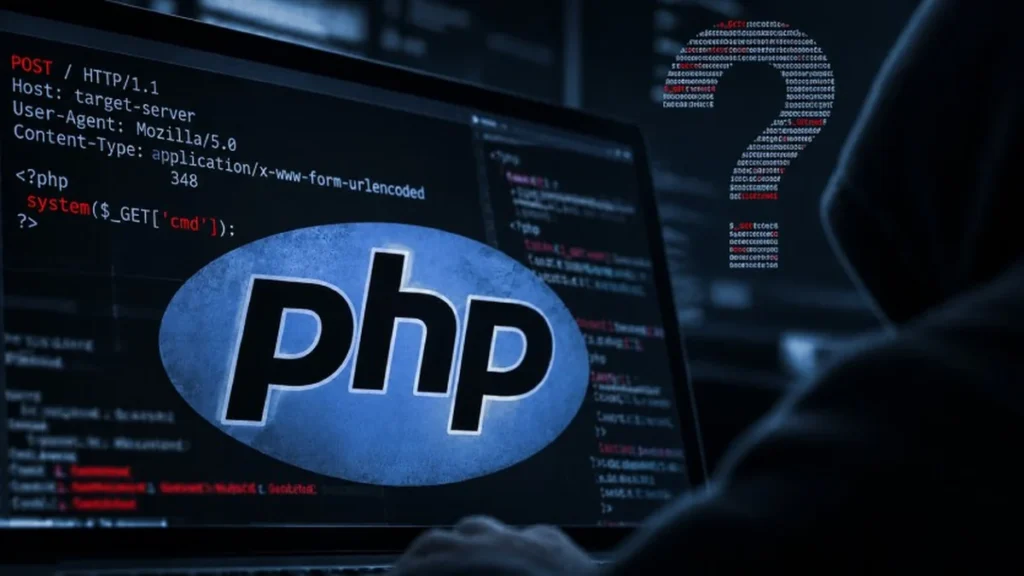 Consola de código con patrones de ataque informático y vulnerabilidad PHP
