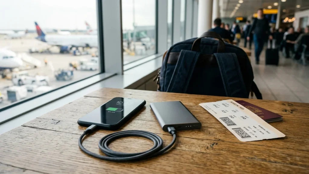Smartphone conectado mediante cable trenzado a una batería externa delgada sobre mesa de madera en aeropuerto