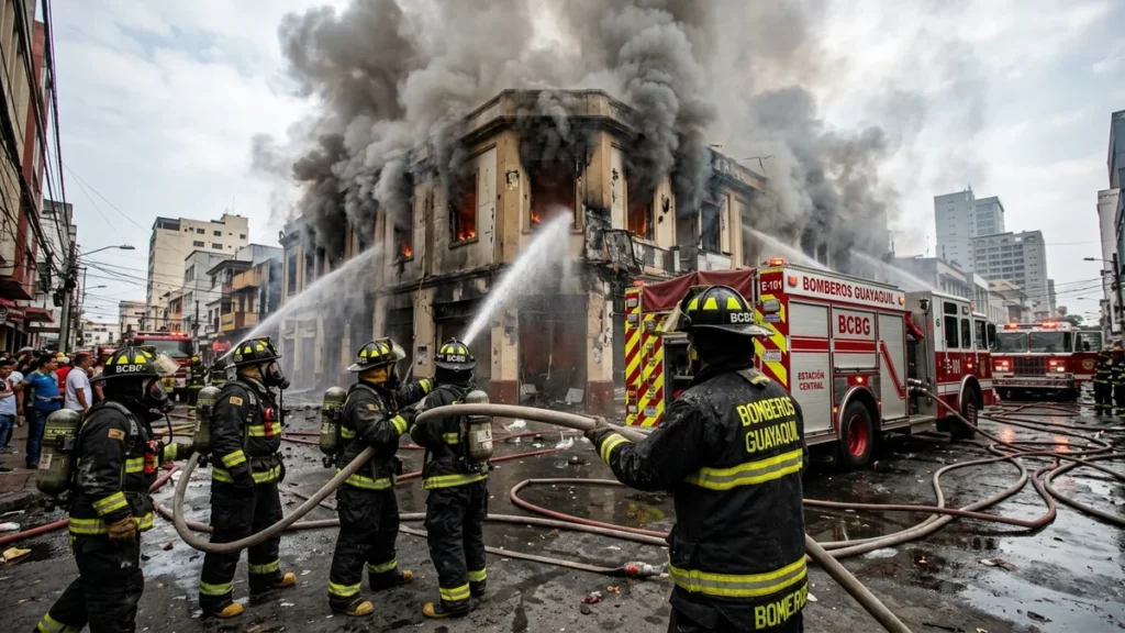 Bomberos de Guayaquil combatiendo incendio en edificio comercial de la calle Chimborazo