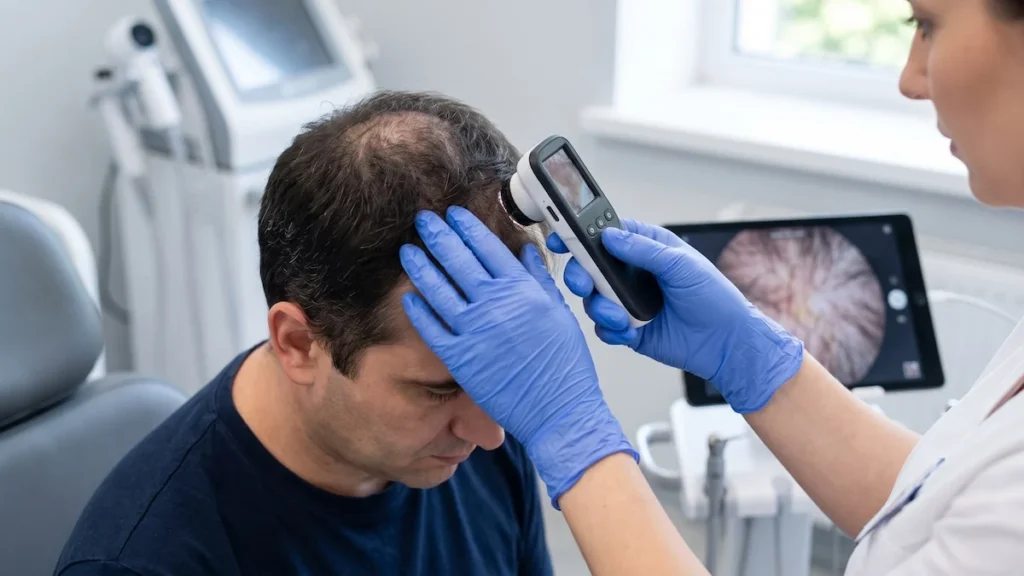 Examen dermatológico especializado de cuero cabelludo y folículos pilosos