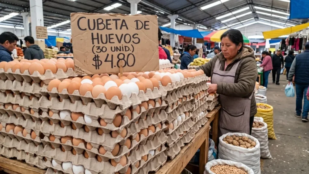 Cubetas de huevos de mesa en perchas de mercado de abastos popular