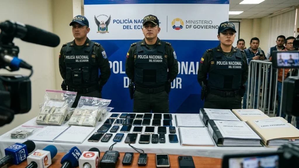 Agentes policiales custodiando a detenidos tras operativo en Machala