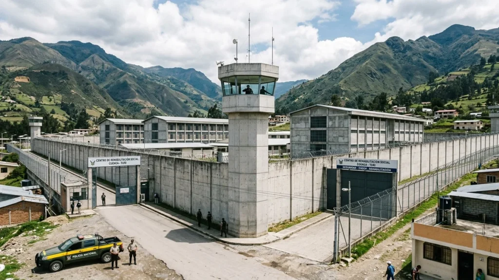 Fachada exterior y garitas de seguridad del Centro de Privación de Libertad de Turi en Cuenca