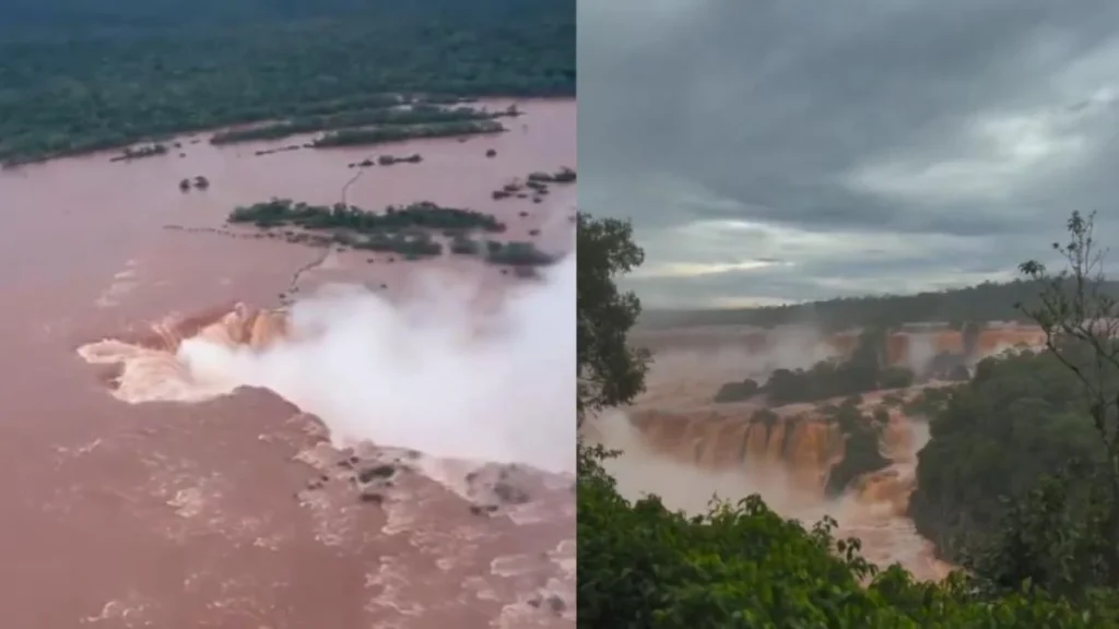 Caudal desbordado en las pasarelas de las Cataratas del Iguazú