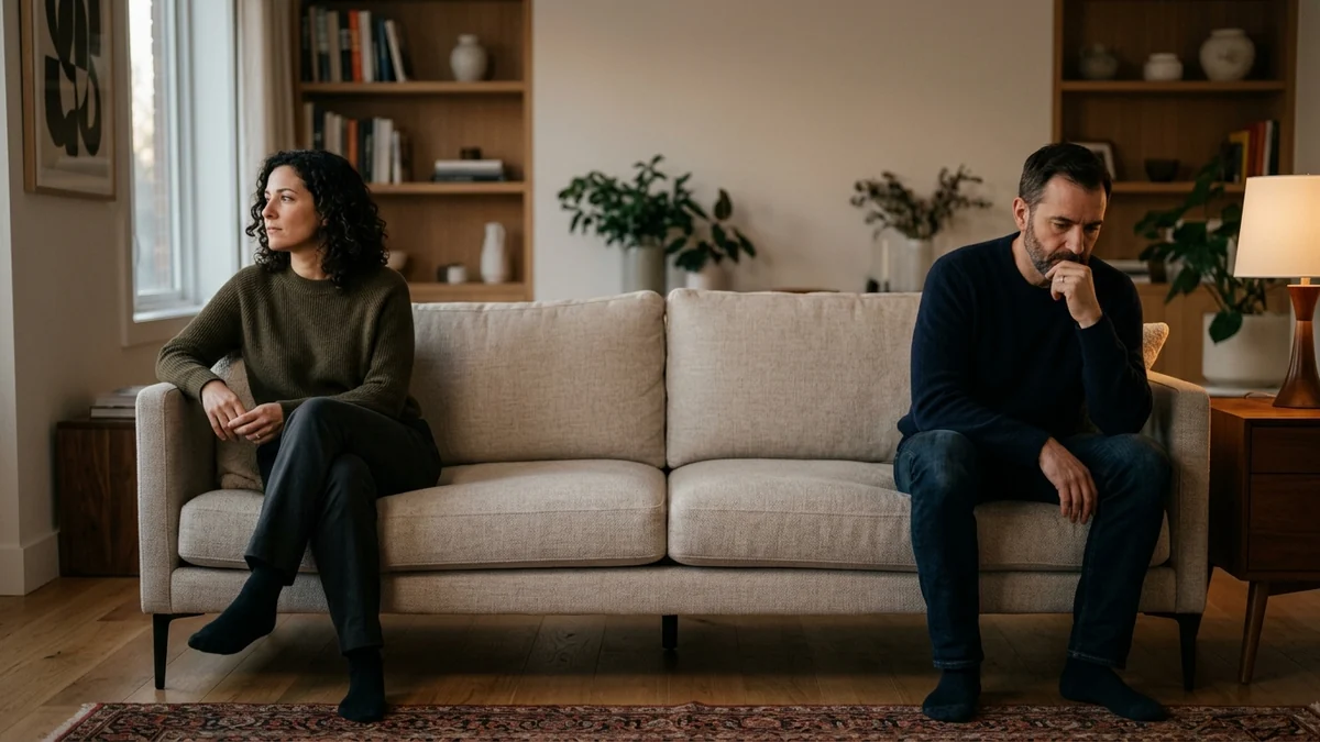 Pareja sentada en extremos de un sofá reflexionando sobre la distancia emocional en el hogar