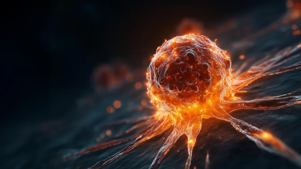 Micrografía fluorescente de una célula madre cancerosa en proceso de proliferación