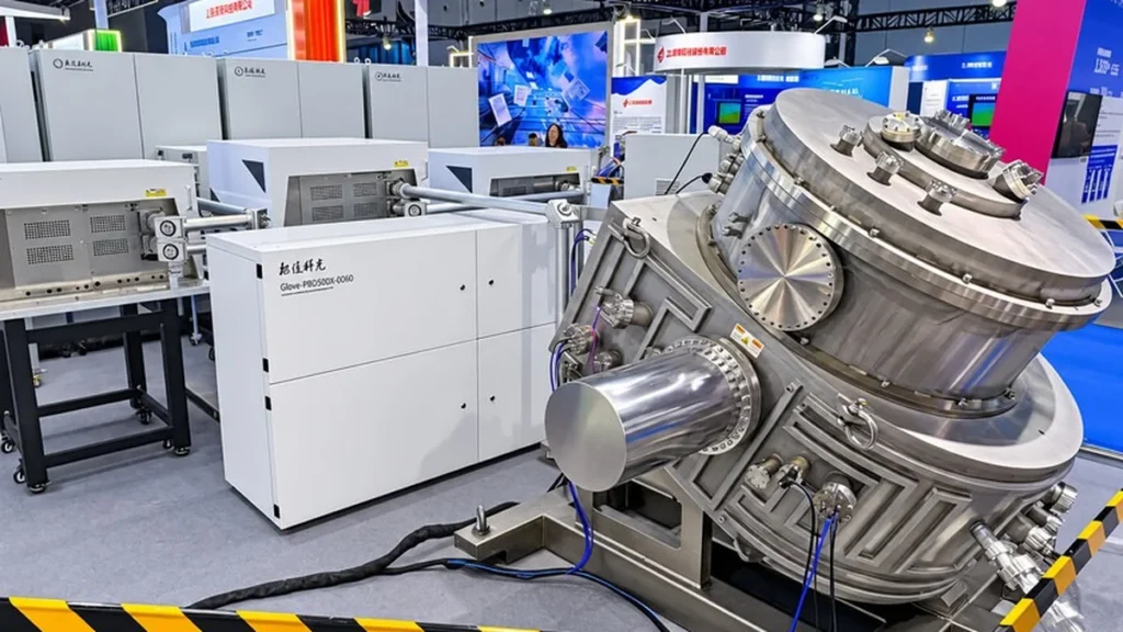 Laboratorio científico de óptica avanzada en Pekín desarrollando tecnología litográfica UVE