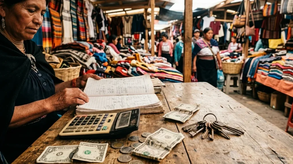 Comerciante de mercado informal calculando deudas y dinero en efectivo sobre mostrador