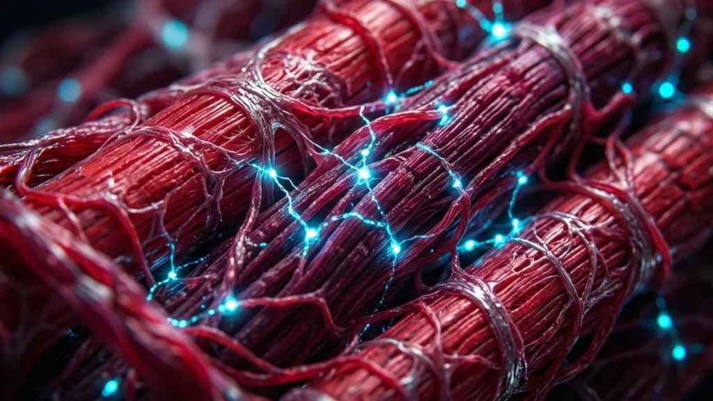 Estructura celular microscópica de fibras musculares humanas bajo análisis de laboratorio