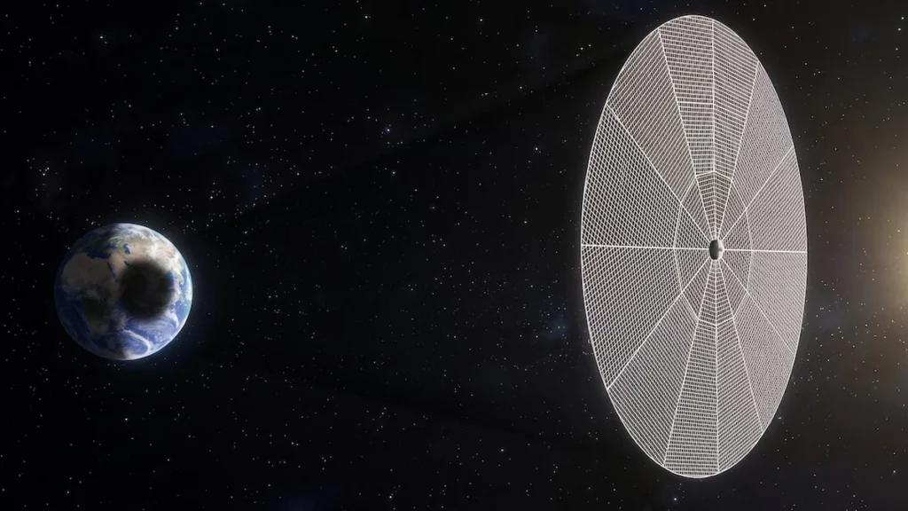 Representación artística de satélites formando una pantalla reflectante entre el Sol y la Tierra