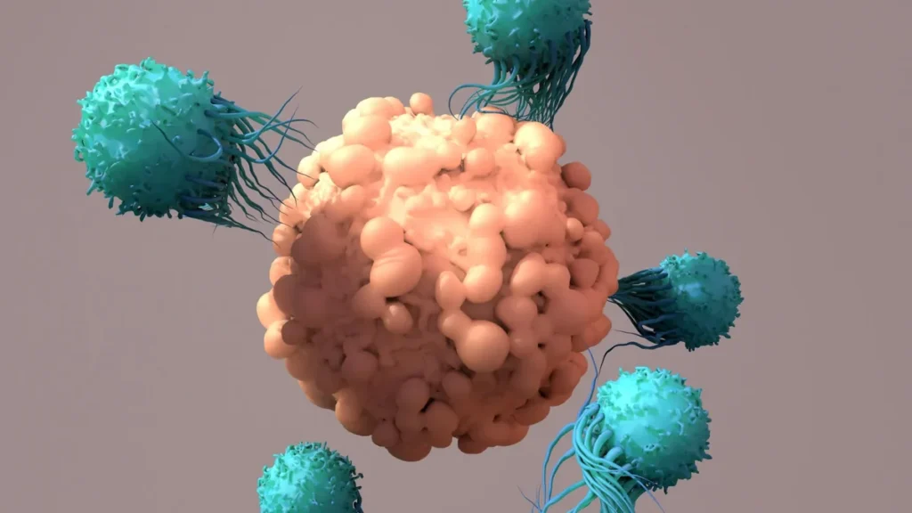 Ilustración científica microscópica de linfocitos T atacando células tumorales de cáncer
