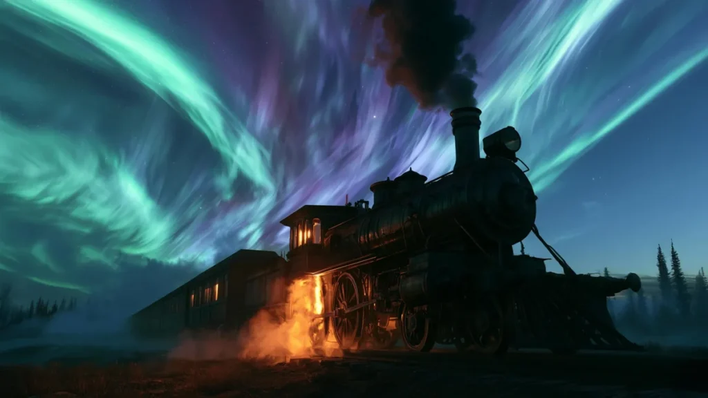 Recreación histórica de tren a vapor bajo cielo iluminado por aurora boreal de tormenta solar