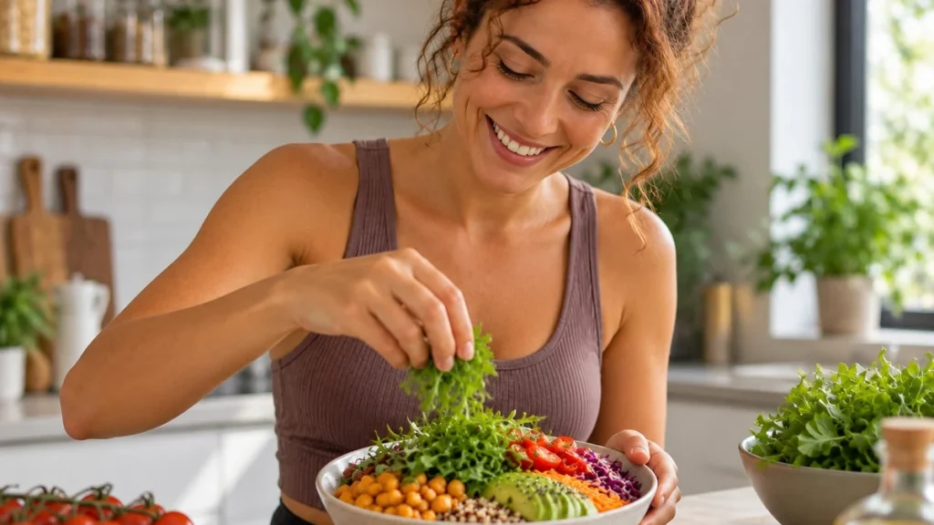 Plato con legumbres, vegetales y cereales para una alimentación vegetariana