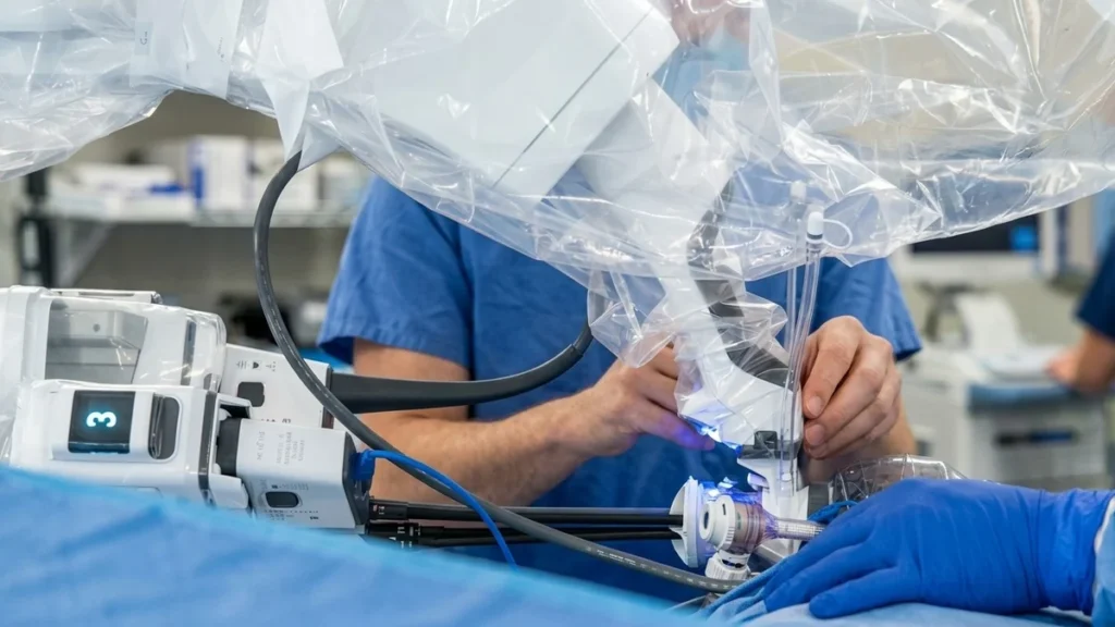 Equipo quirúrgico de Cleveland Clinic utilizando sistema robótico en quirófano