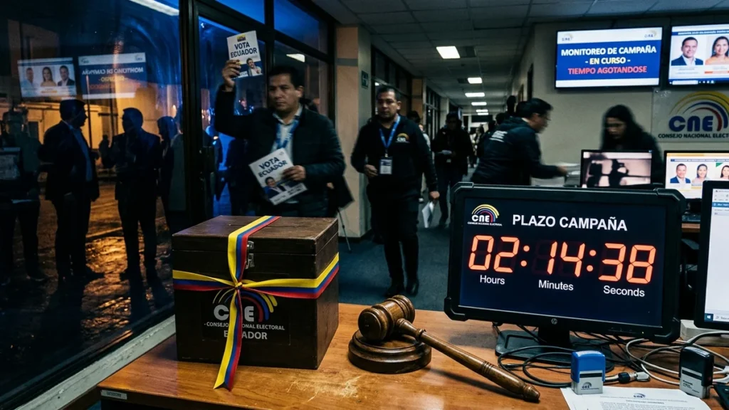 Urna de votación, mazo legal y reloj digital en la sede del CNE ante la urgencia del monitoreo electoral