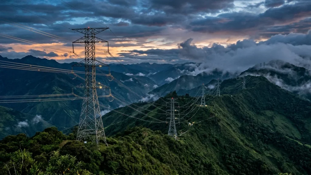 Torres de transmisión eléctrica en la frontera entre Colombia y Ecuador para el suministro de energía.