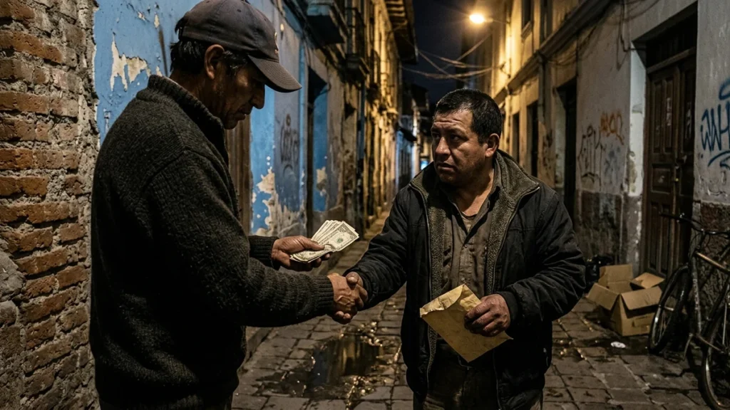 Intercambio clandestino de dinero en efectivo en callejón urbano bajo luz tenue