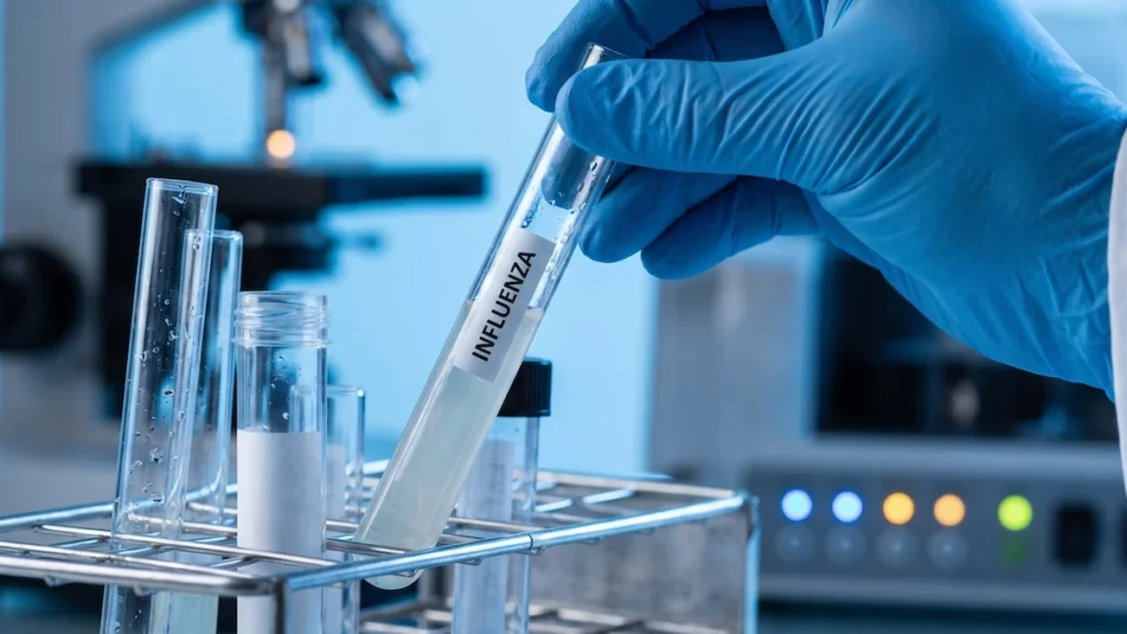 Personal sanitario prepara vacunas y administra dosis contra la influenza en centro médico