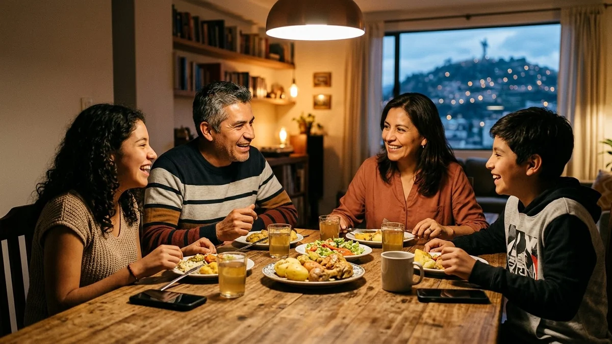Familia cenando junta en casa con teléfonos móviles dejados sobre la mesa