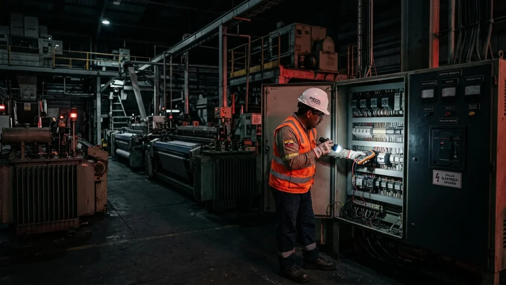 Planta industrial en Ecuador durante desconexión eléctrica con ingeniero supervisando tableros de control