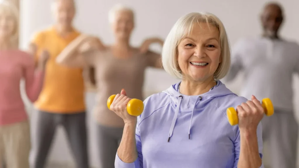 Grupo de adultos mayores realizando ejercicios de fuerza con pesas ligeras