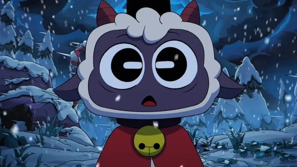 Personaje protagonista del videojuego Cult of the Lamb en el altar del bosque.