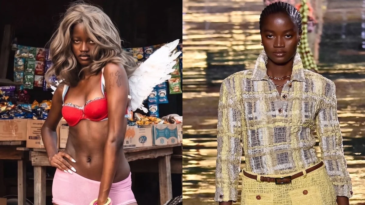 Modelo africana desfilando con alta elegancia en la pasarela de Chanel en París
