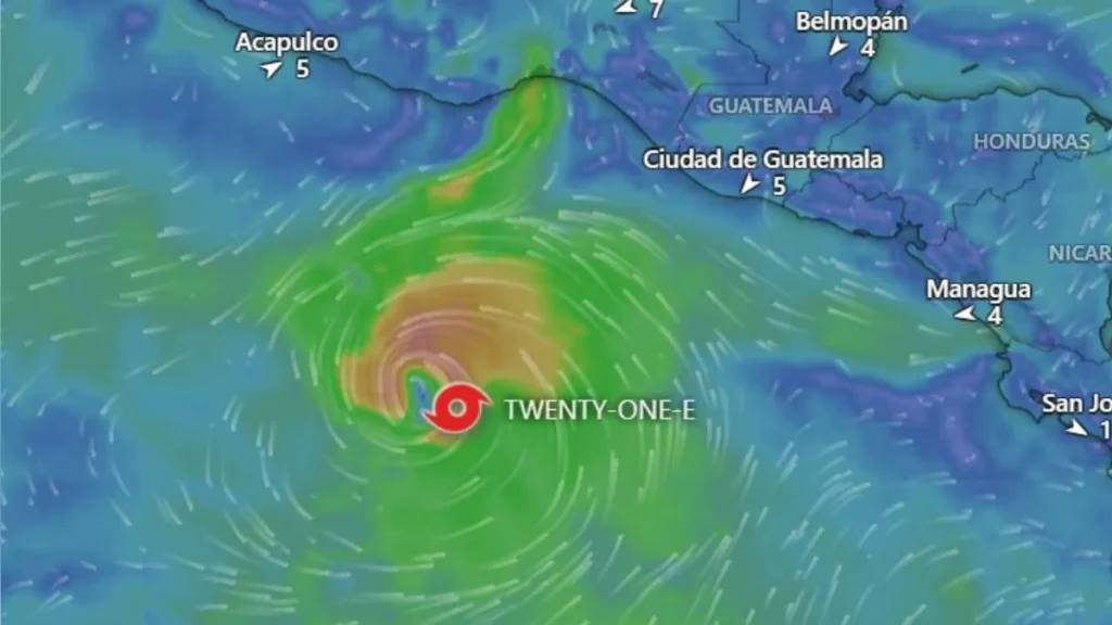 Imagen satelital del sistema meteorológico de la depresión tropical Veintiuno-E en el océano Pacífico