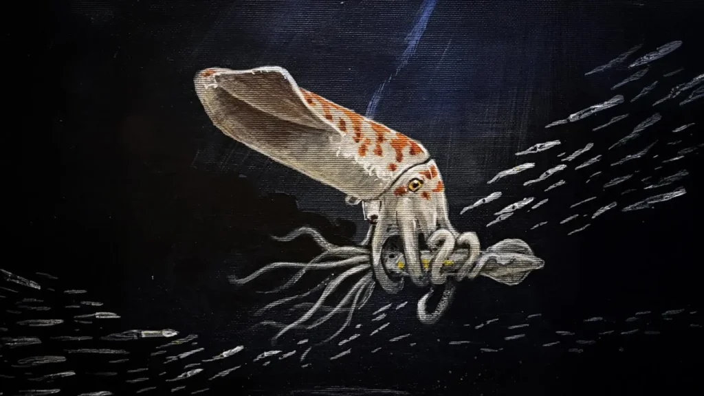 Fósil de calamar jurásico Wyoteuthis linsterorum preservado en roca sedimentaria.