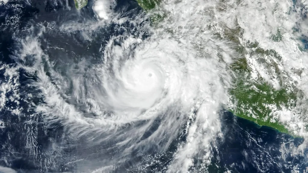Imagen de satélite de un potente huracán en el océano mostrando la espiral de nubes