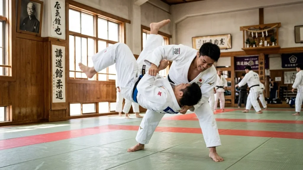 Atletas de judo ejecutando una técnica de proyección en el tatami de entrenamiento