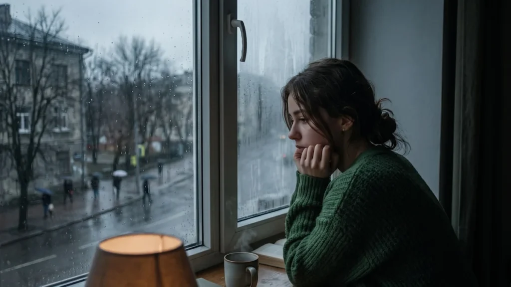 Persona contemplando un día nublado y lluvioso desde una ventana