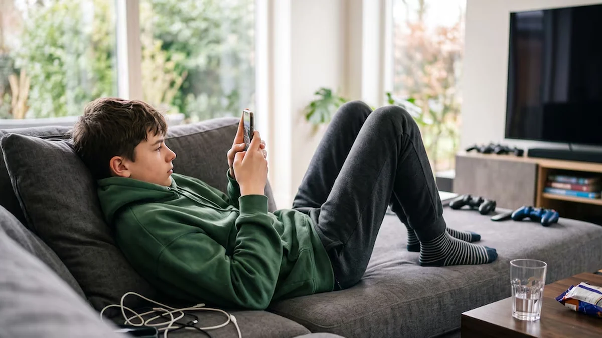 Persona utilizando un teléfono inteligente en la oscuridad antes de dormir