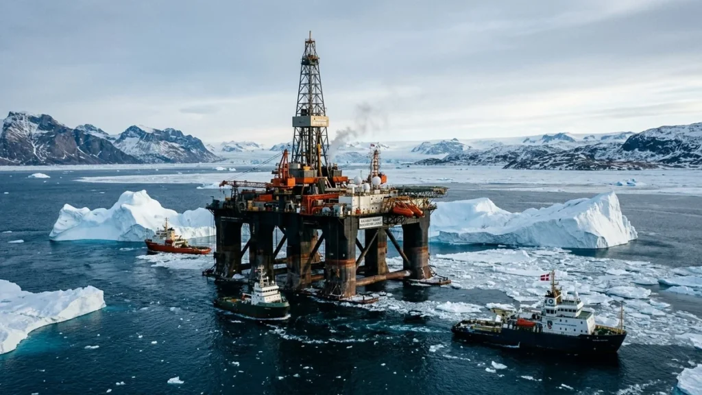 Plataforma de perforación petrolera marina en aguas árticas de Groenlandia