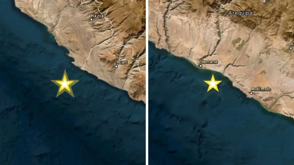 Mapa geográfico de sismos y monitoreo tectónico en la costa del Pacífico de Perú