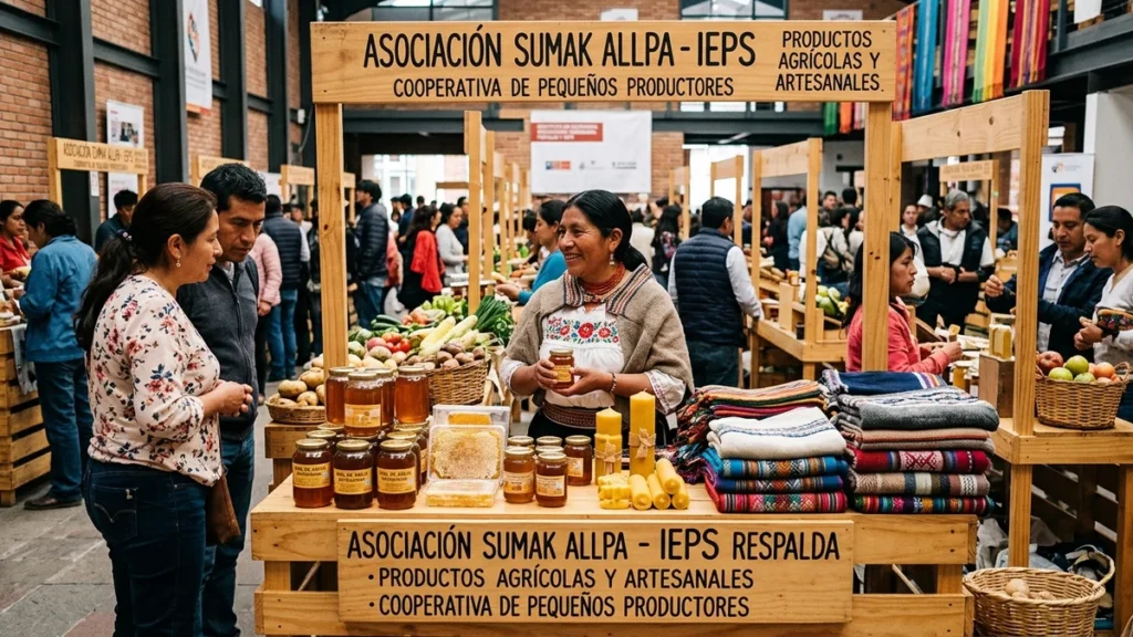 Productores de la Economía Popular y Solidaria exhibiendo productos en feria del IEPS en Ecuador