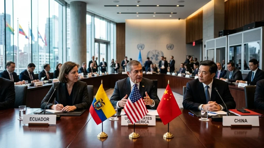 Reunión diplomática internacional con banderas de Ecuador, EE. UU. y China