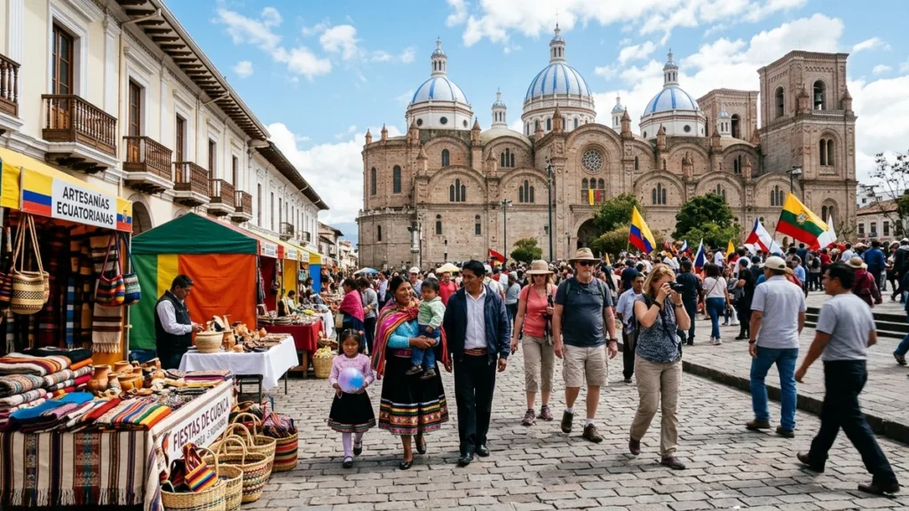 Turistas y familias recorriendo la plaza central y la Catedral de Cuenca durante el feriado nacional